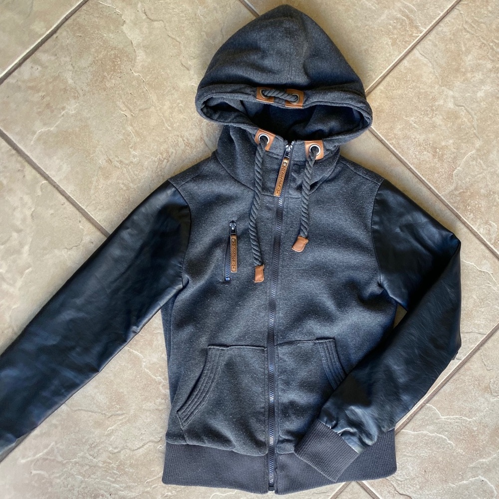 Zumiez Faux Leather Sleeve ZIP Hoodie sz S
